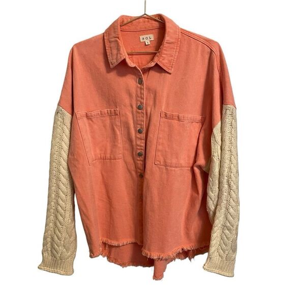 POL Button Down Knit Sleeve Shirt Pink Tan Size Large - Picture 1 of 9